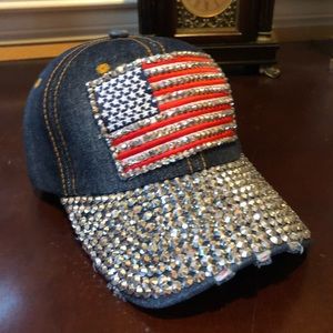 PATRIOTIC DENIM BASEBALL HAT CAP AMERICAN FLAG WITH RHINESTONES DIAMOND ACCENT